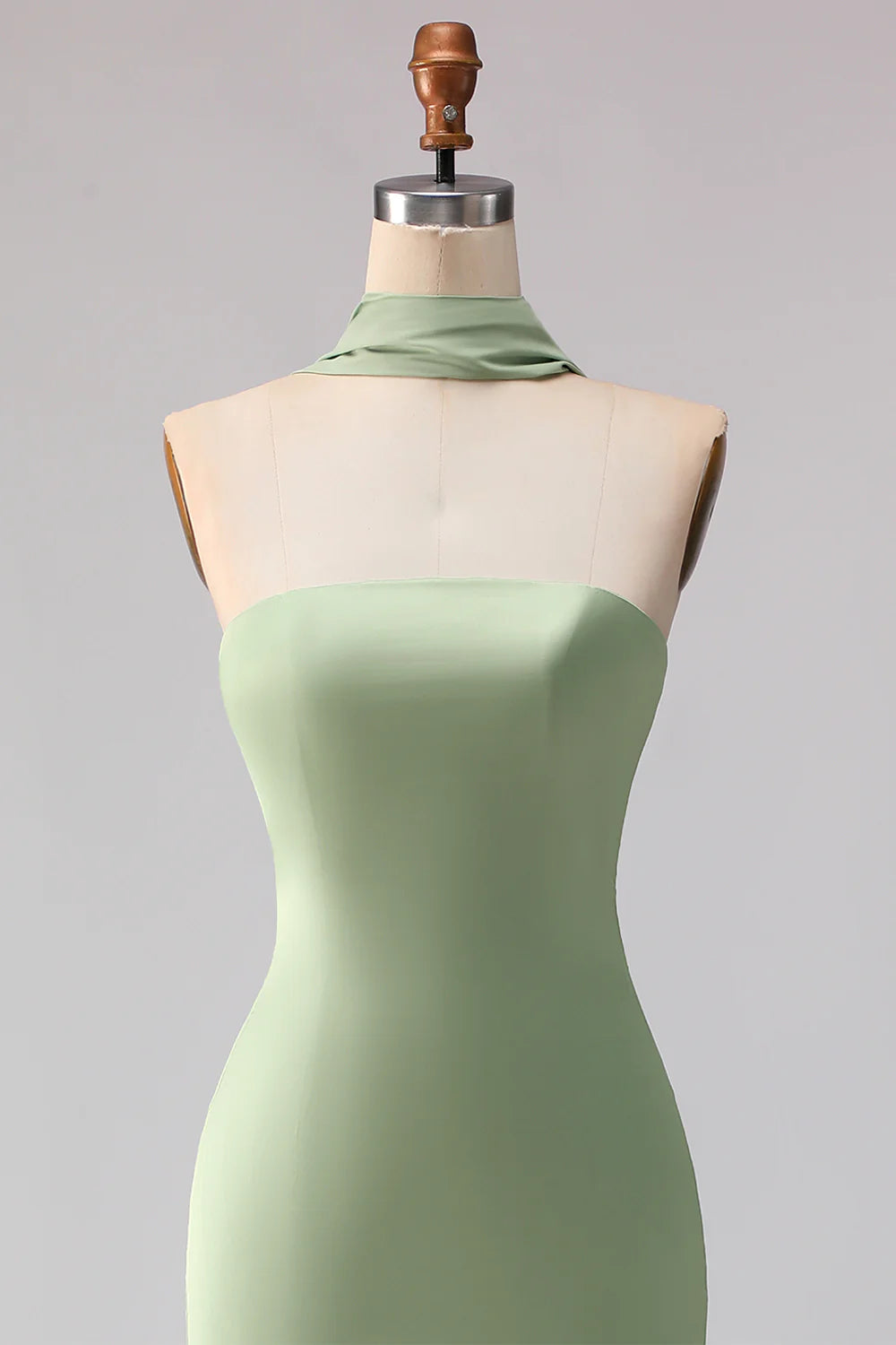 Dusty Sage Mermaid Strapless Satin Long Bridesmaid Dress with Streamer