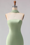 Dusty Sage Mermaid Strapless Satin Long Bridesmaid Dress with Streamer