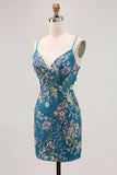 Peacock Floral Tight Spaghetti Straps Short Homecoming Dress with Sequins