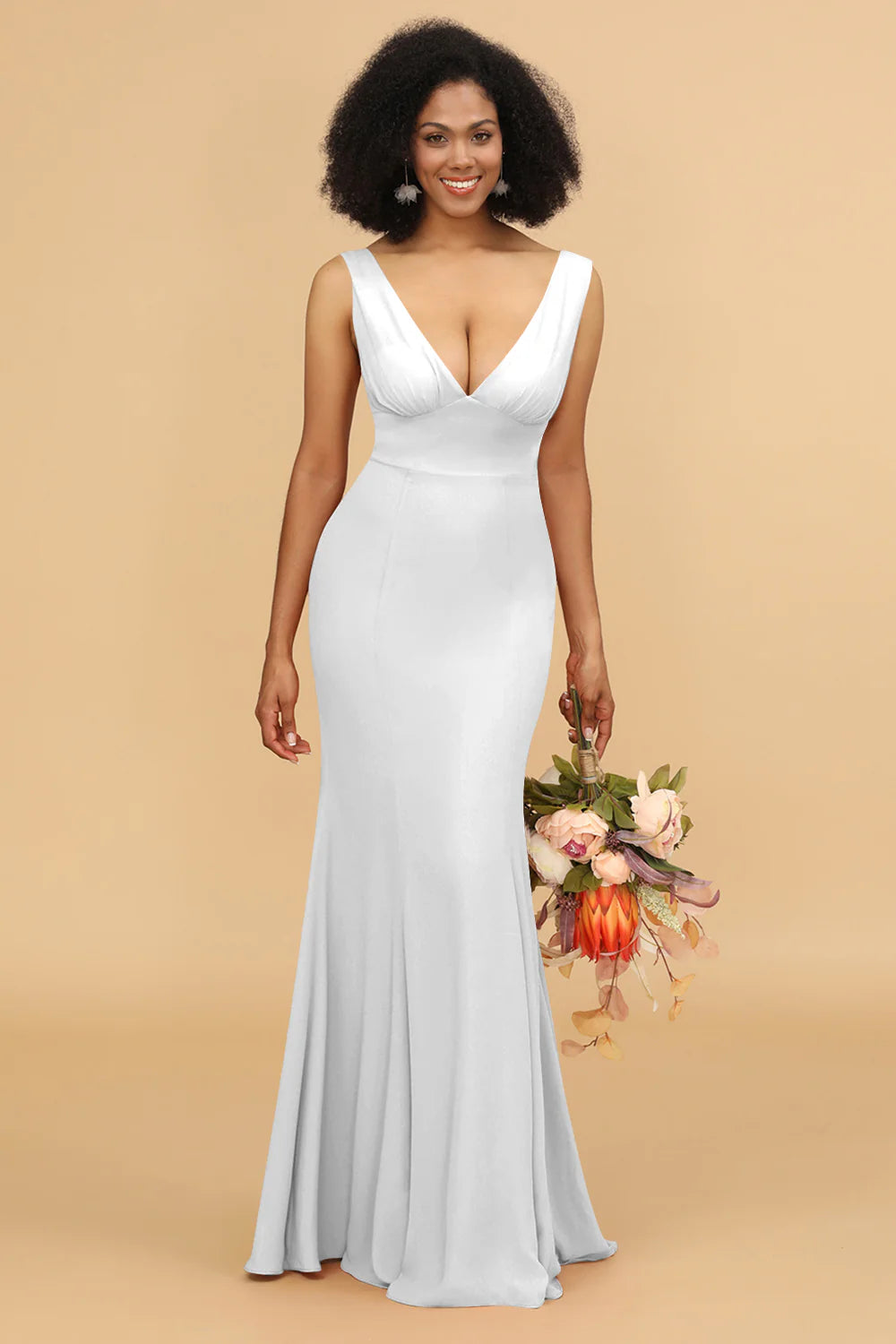 Mermaid V neck Open Back Long Chiffon Bridesmaid Dress With Ruffles