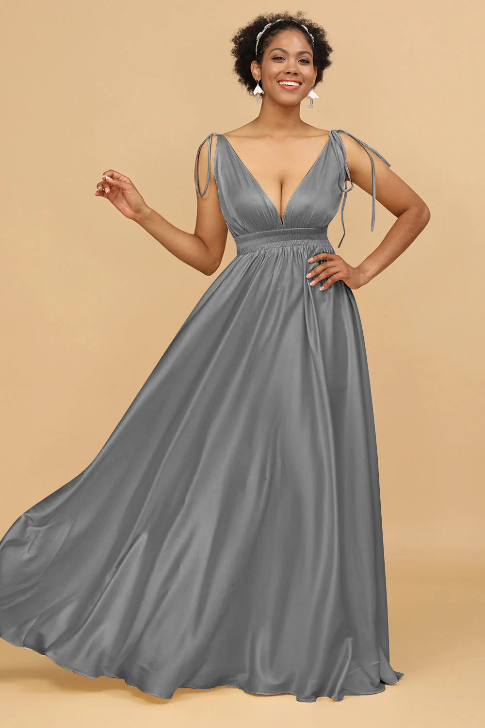 A Line Deep V Neck Backless Floor Length Bridesmaid Dress