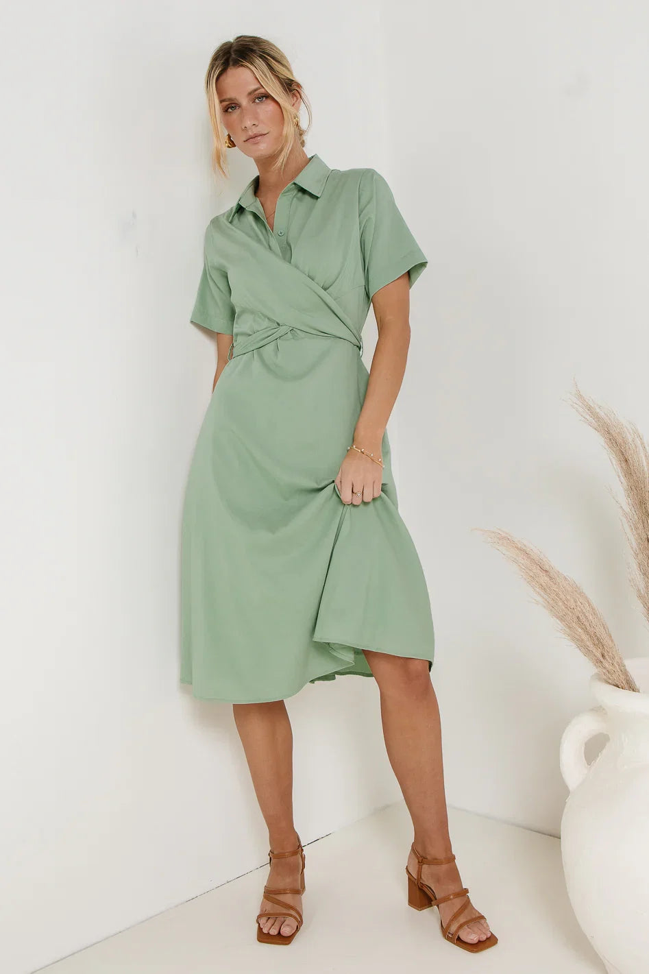 Bennett Collared Dress in Sage FINAL SALE