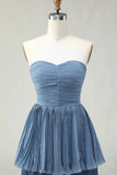 Dusty Blue A Line Strapless Pleated Tiered Long Bridesmaid Dress with Ruffles