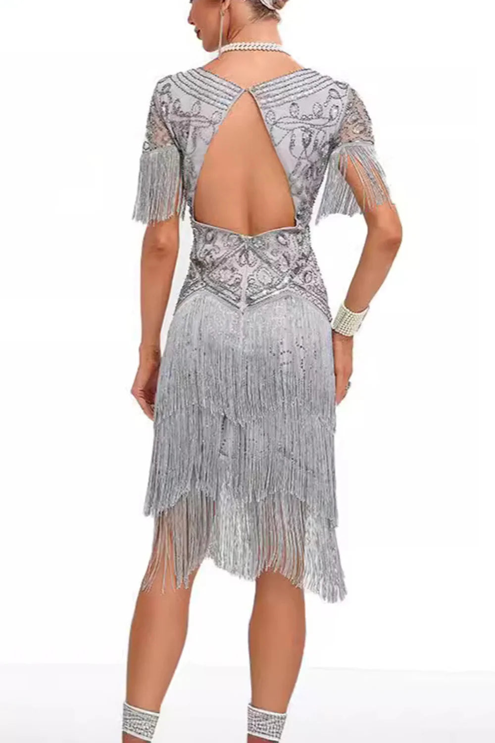 Apricot Fringed Sheath Midi 1920s Dress with Appliques