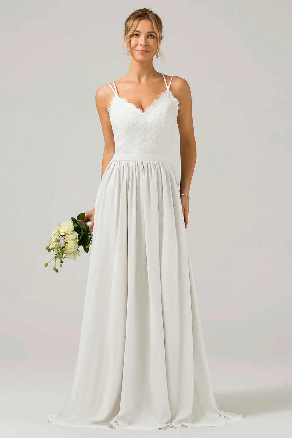 A Line Spaghetti Straps Pleated Long Bridesmaid Dress With Lace