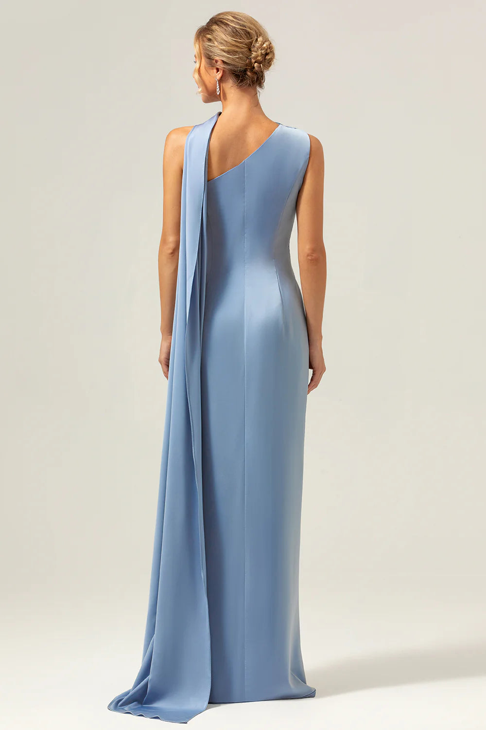 Dusty Blue Sheath One Shoulder Convertible Satin Bridesmaid Dress with Streamer