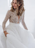 Luxurious Lace Beading Long Sleeves A Line Pleated Tulle Wedding Dresses