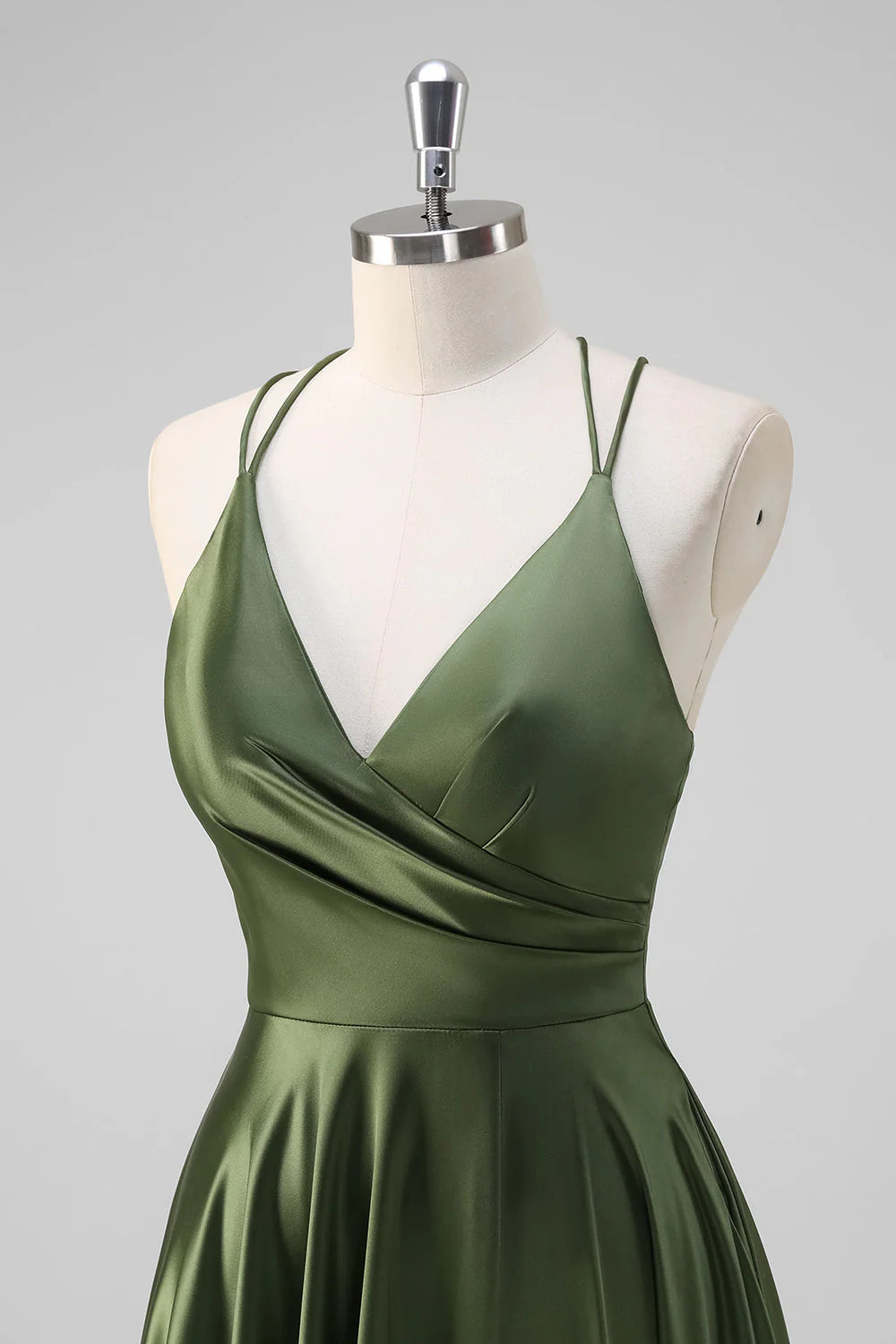 Olive A Line Spaghetti Straps Ruched Satin Long Bridesmaid Dress