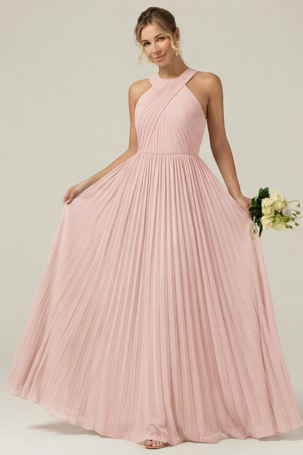 Dusty Sage A Line Halter Pleated Long Bridesmaid Dress