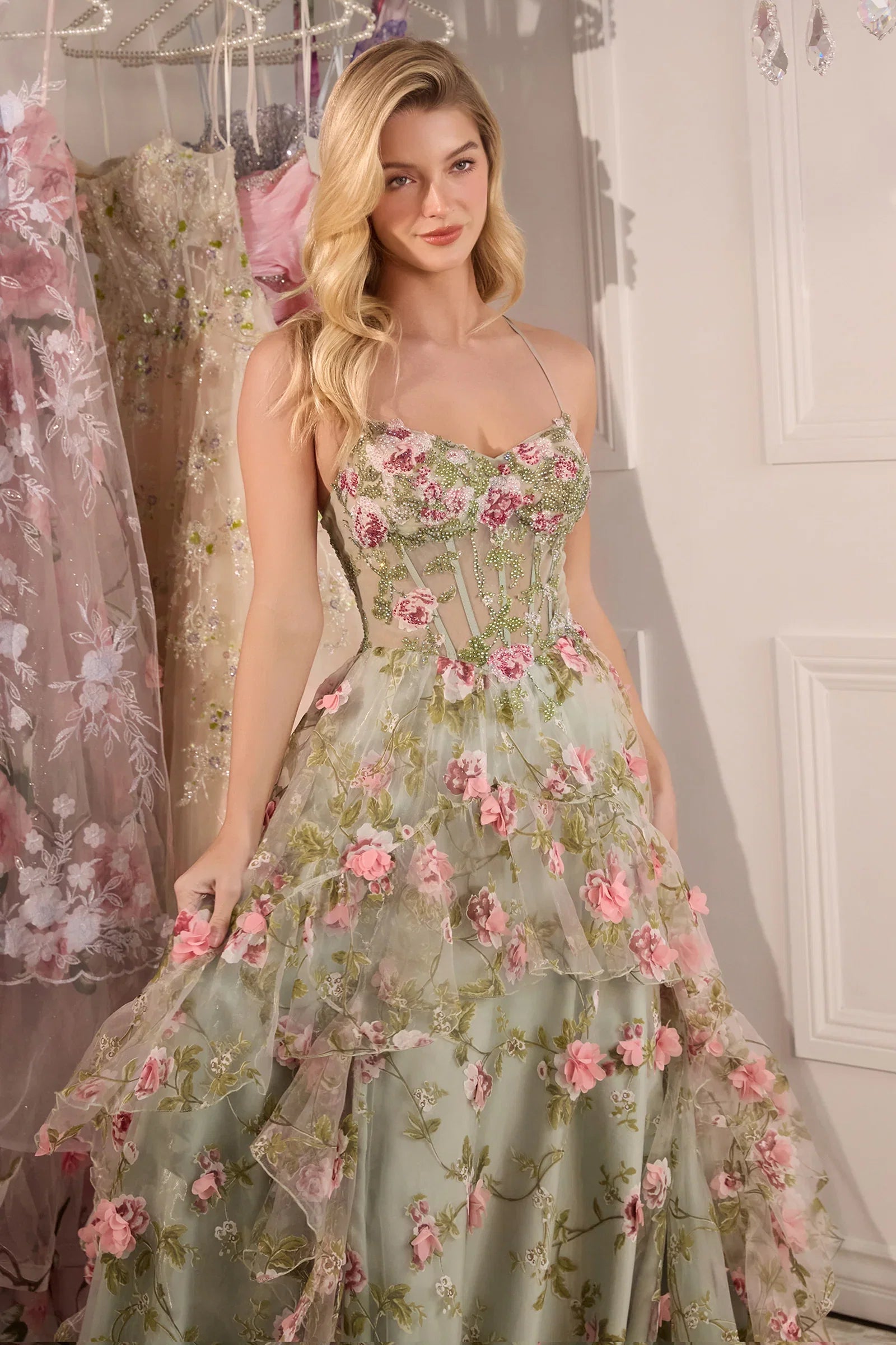A1420 SAGE FLORAL PRINT CORSET A LINE DRESS Andrea Leo