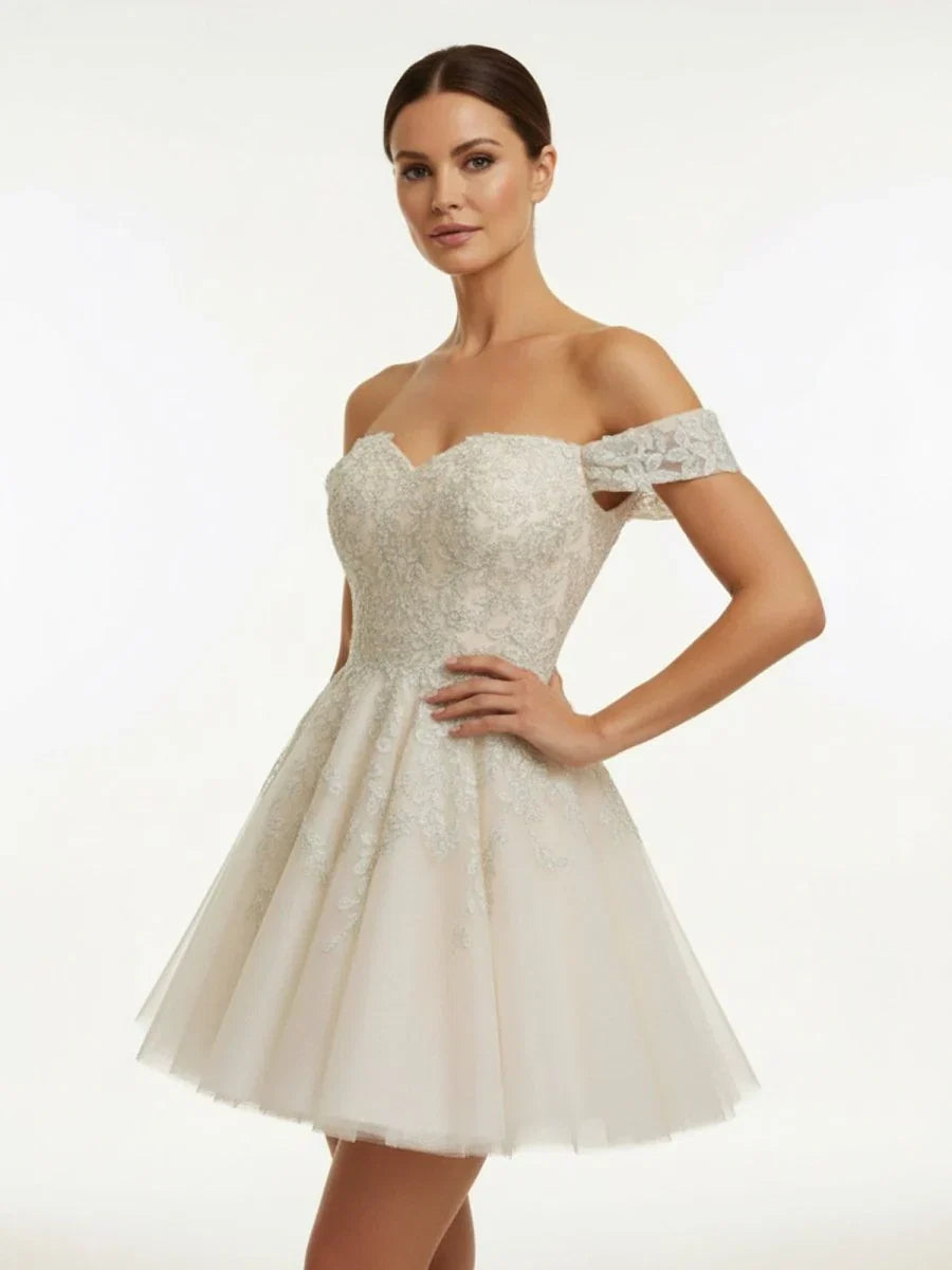 Lace White Appliques A Line Short Wedding Dress