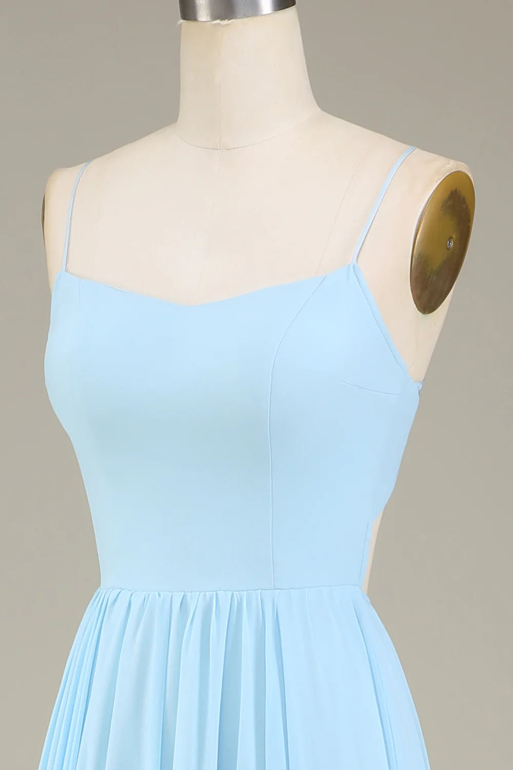 Sky Blue A Line Spaghetti Straps Chiffon Long Bridesmaid Dress