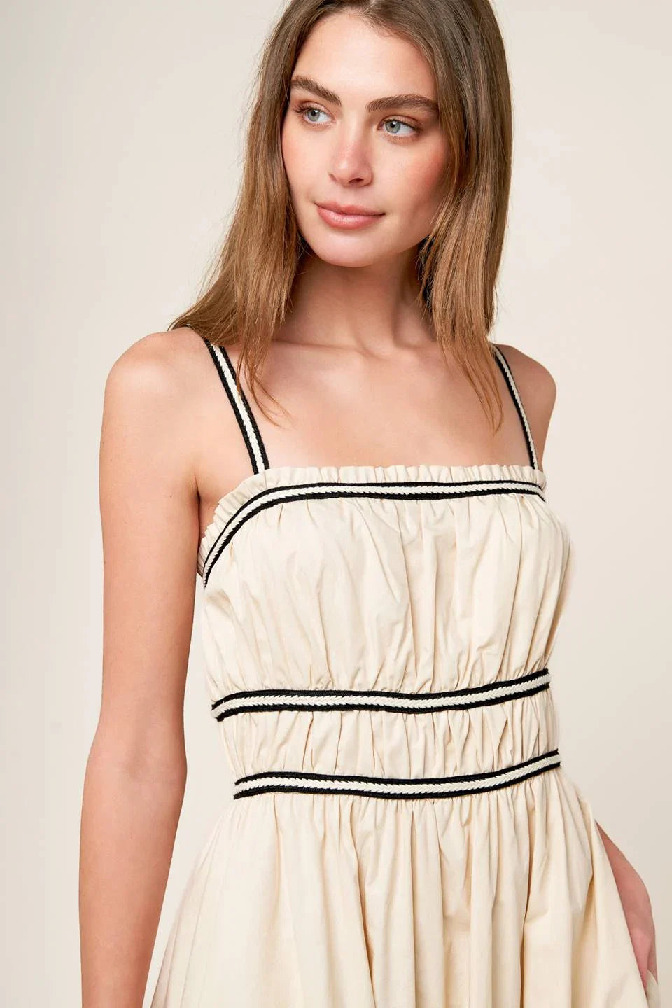 TERRIFIC TIMING BLACK TRIM IVORY MIDI DRESS