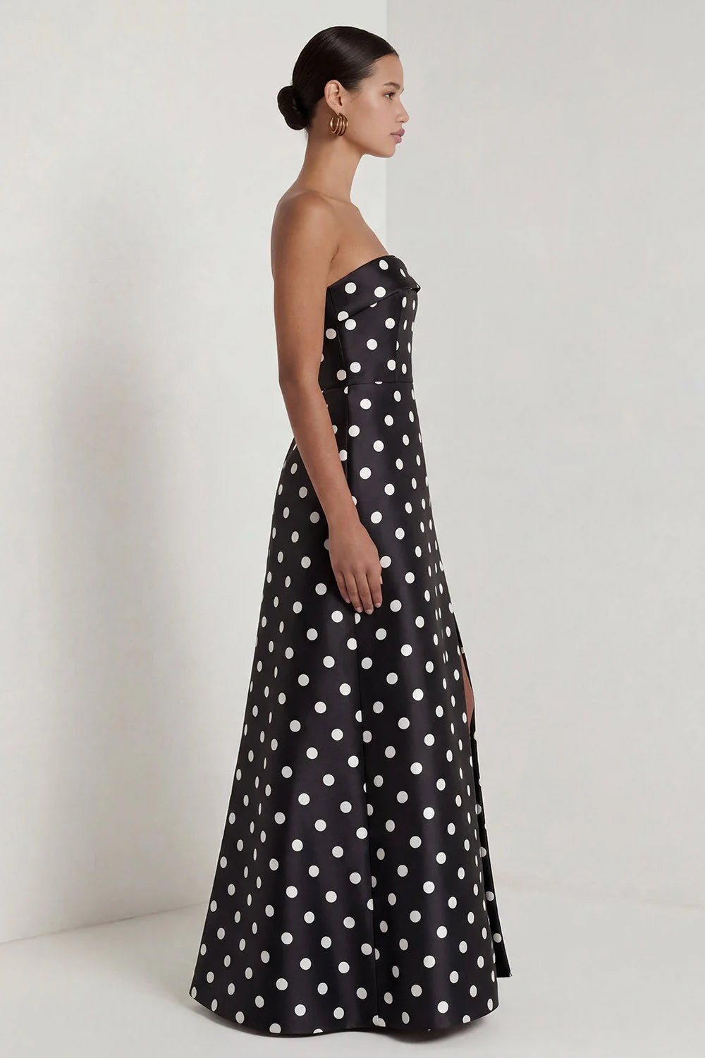 Strapless Black White A Line Polka Dot Long Formal Dress with Slit