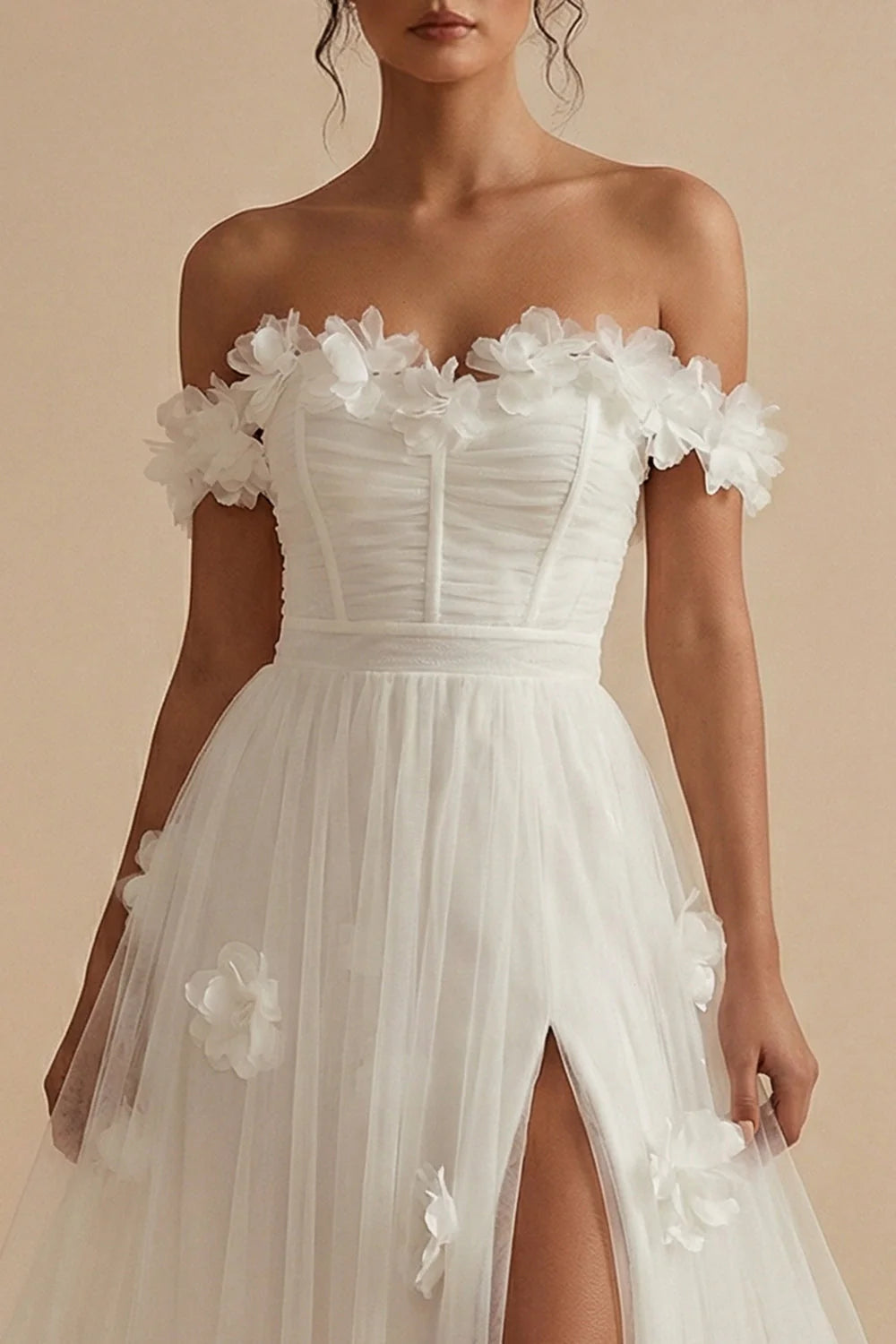 Off the Shoulder A Line Appliqued White Wedding Dress with Slit