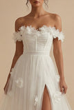 Off the Shoulder A Line Appliqued White Wedding Dress with Slit