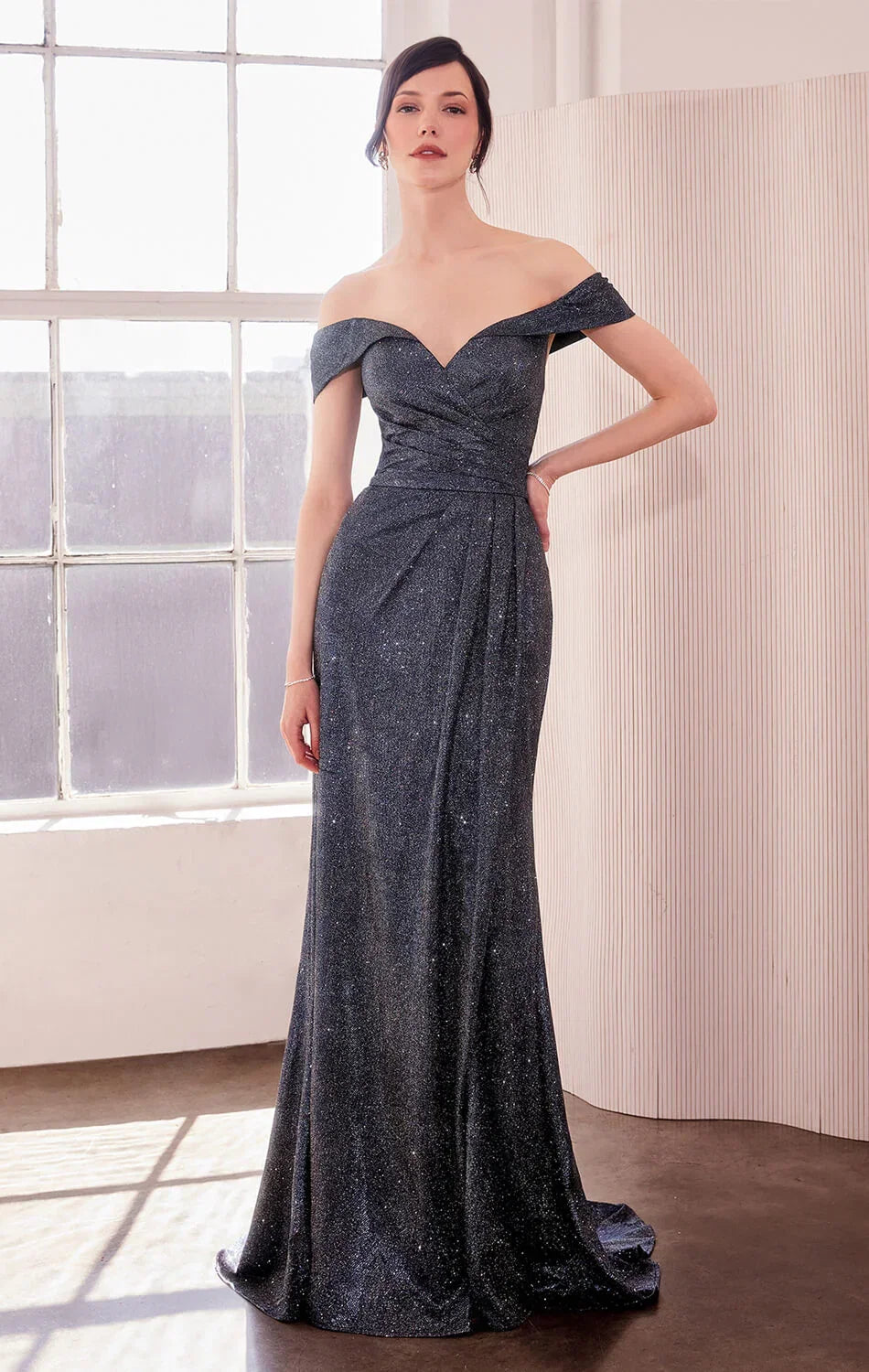 Venetian Gown Luxe Metallic Off Shoulder Evening Dress