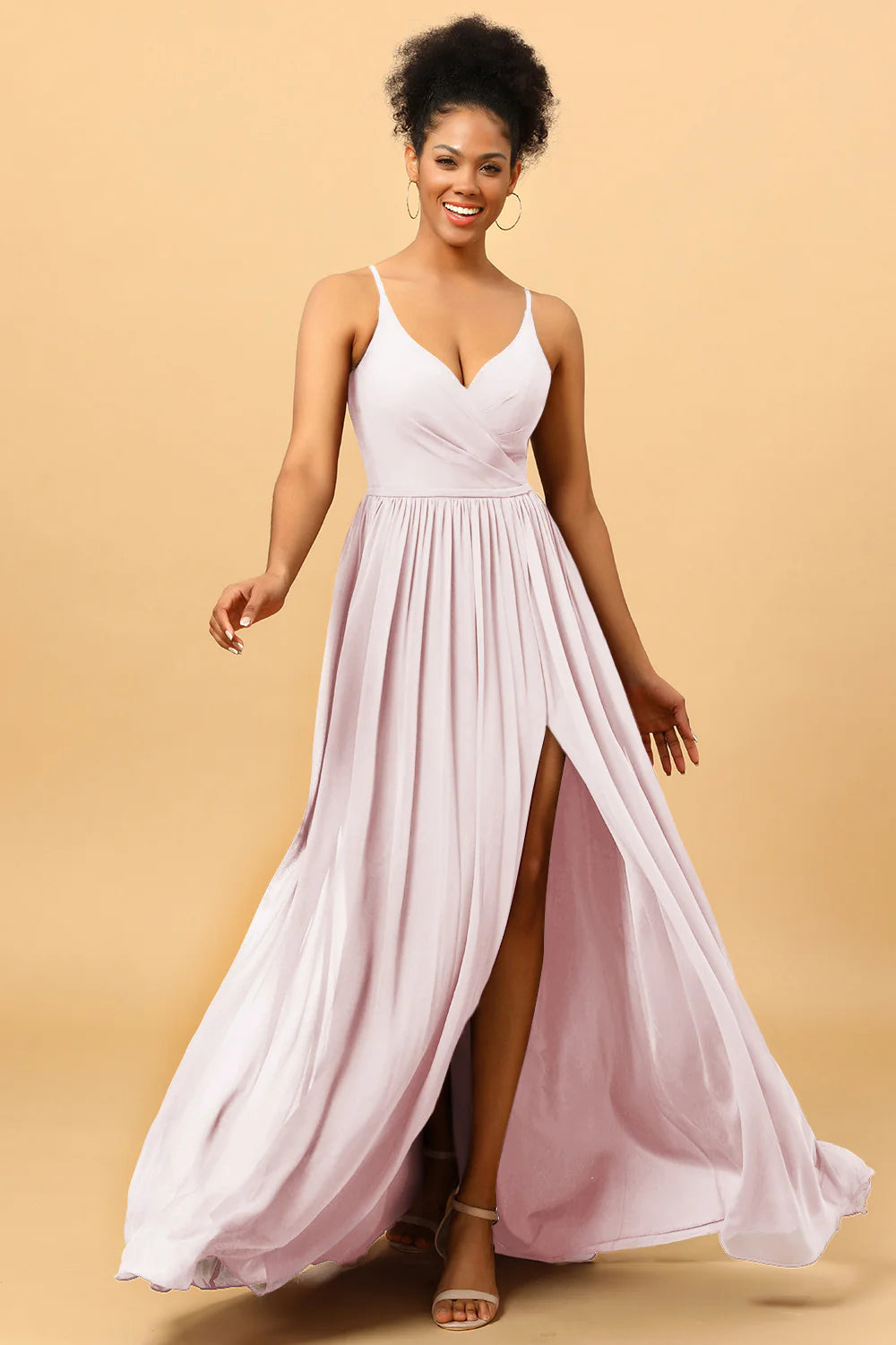 A Line Spaghetti Straps Ruched Long Chiffon Bridesmaid Dress with Slit
