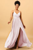 A Line Spaghetti Straps Ruched Long Chiffon Bridesmaid Dress with Slit
