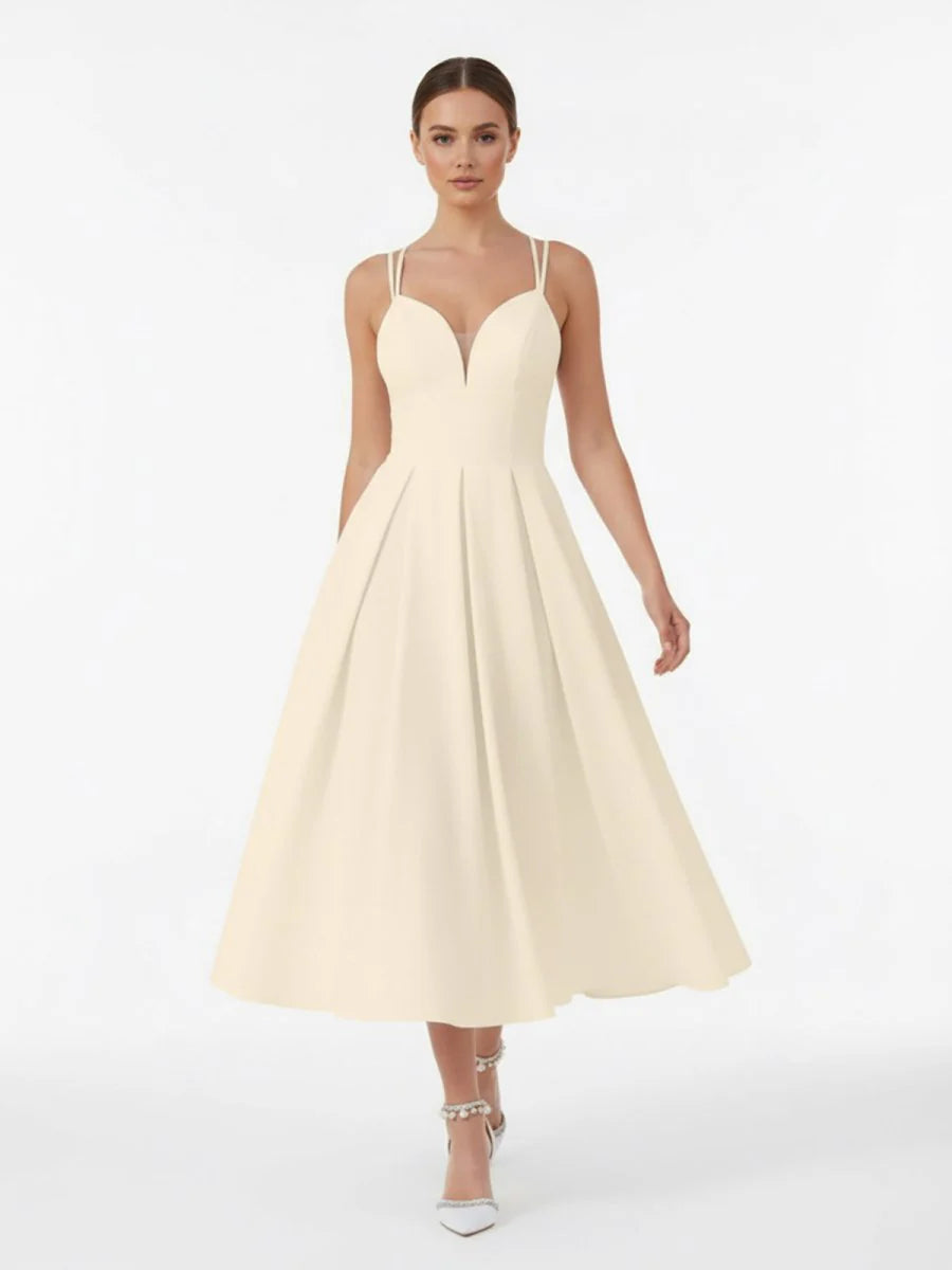 A Line V Neck Sleeveless Satin Knee Length Wedding Dress