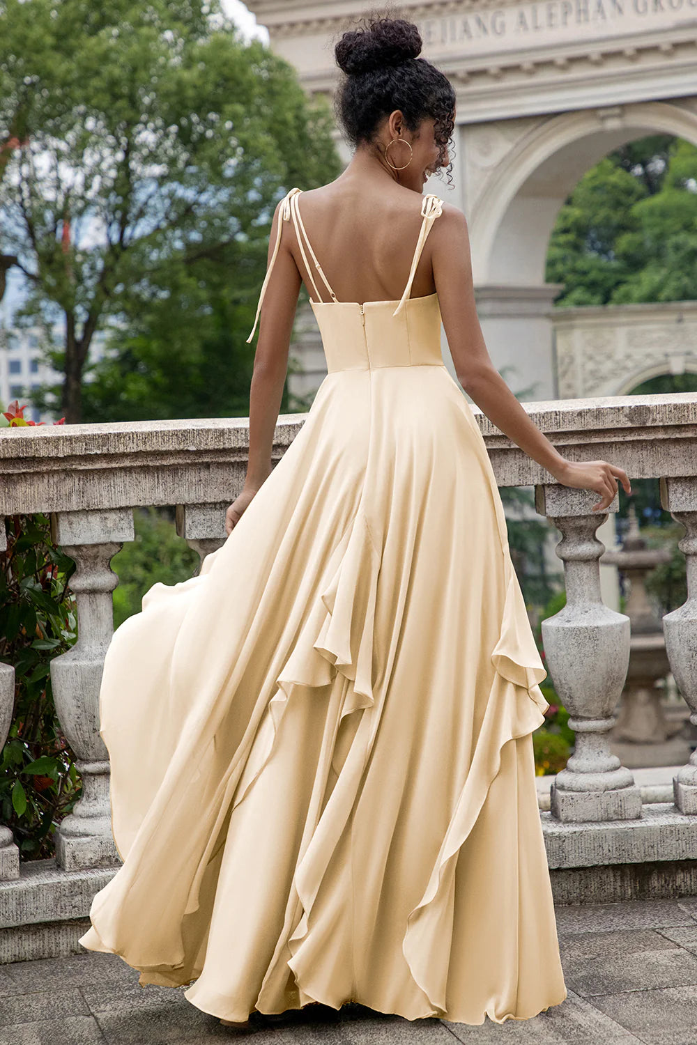 Pine A Line Spaghetti Straps Chiffon Long Asymmetrical Bridesmaid Dress with Ruffles