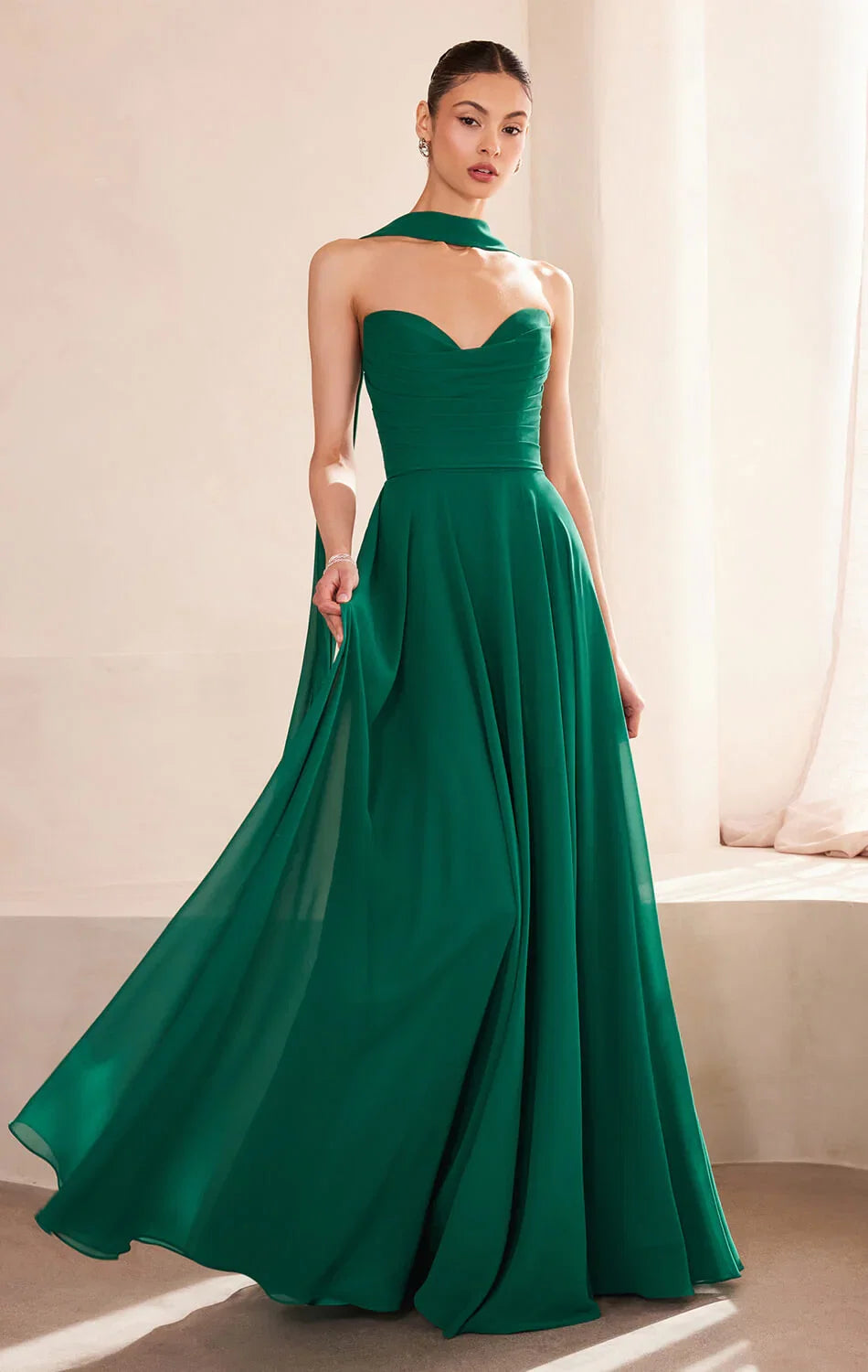 Ella Gown A line Strapless Chiffon Dress With Scarf