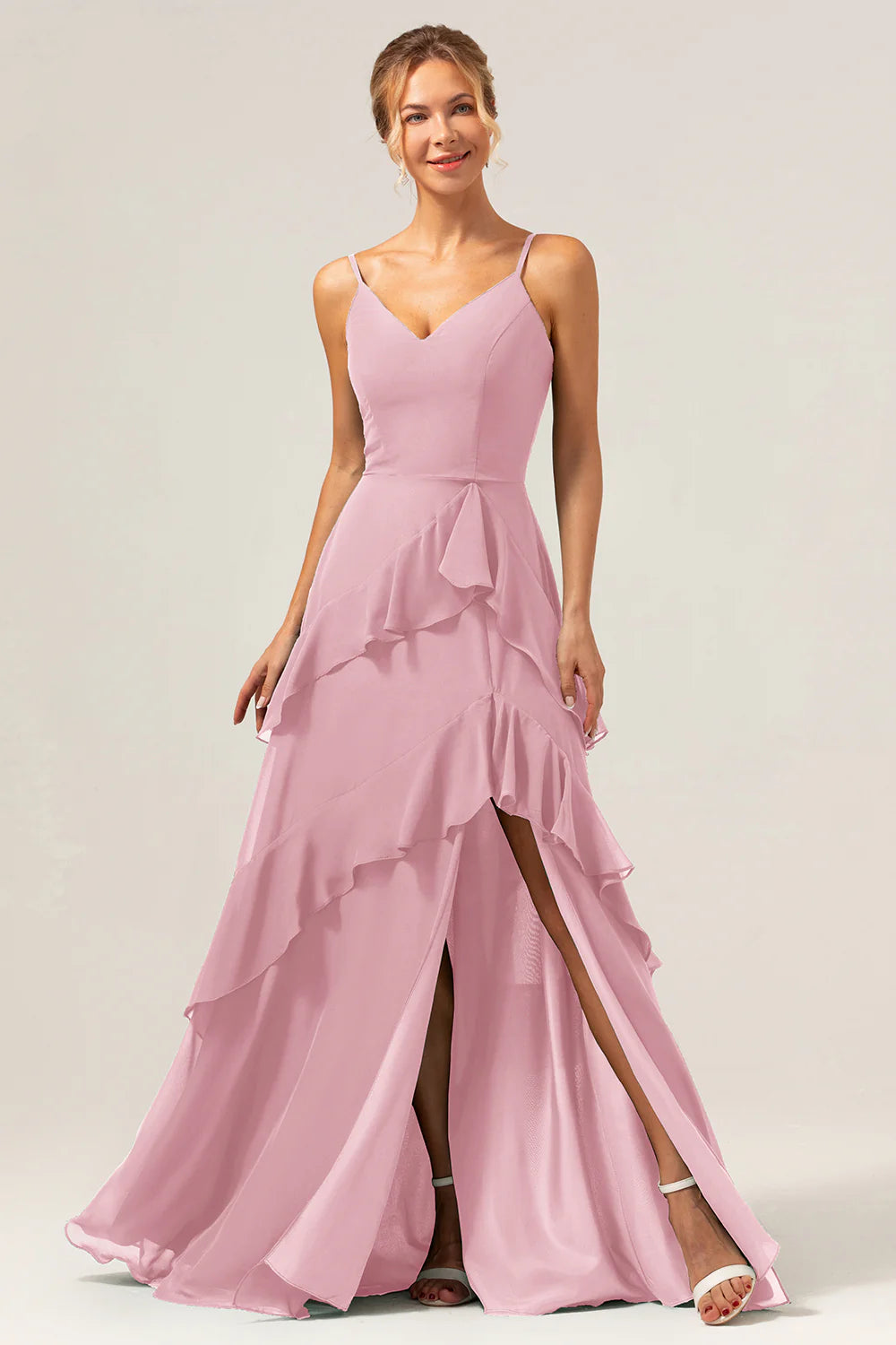 Dark Green A Line V Neck Ruffled Chiffon Tiered Long Bridesmaid Dress with Slit