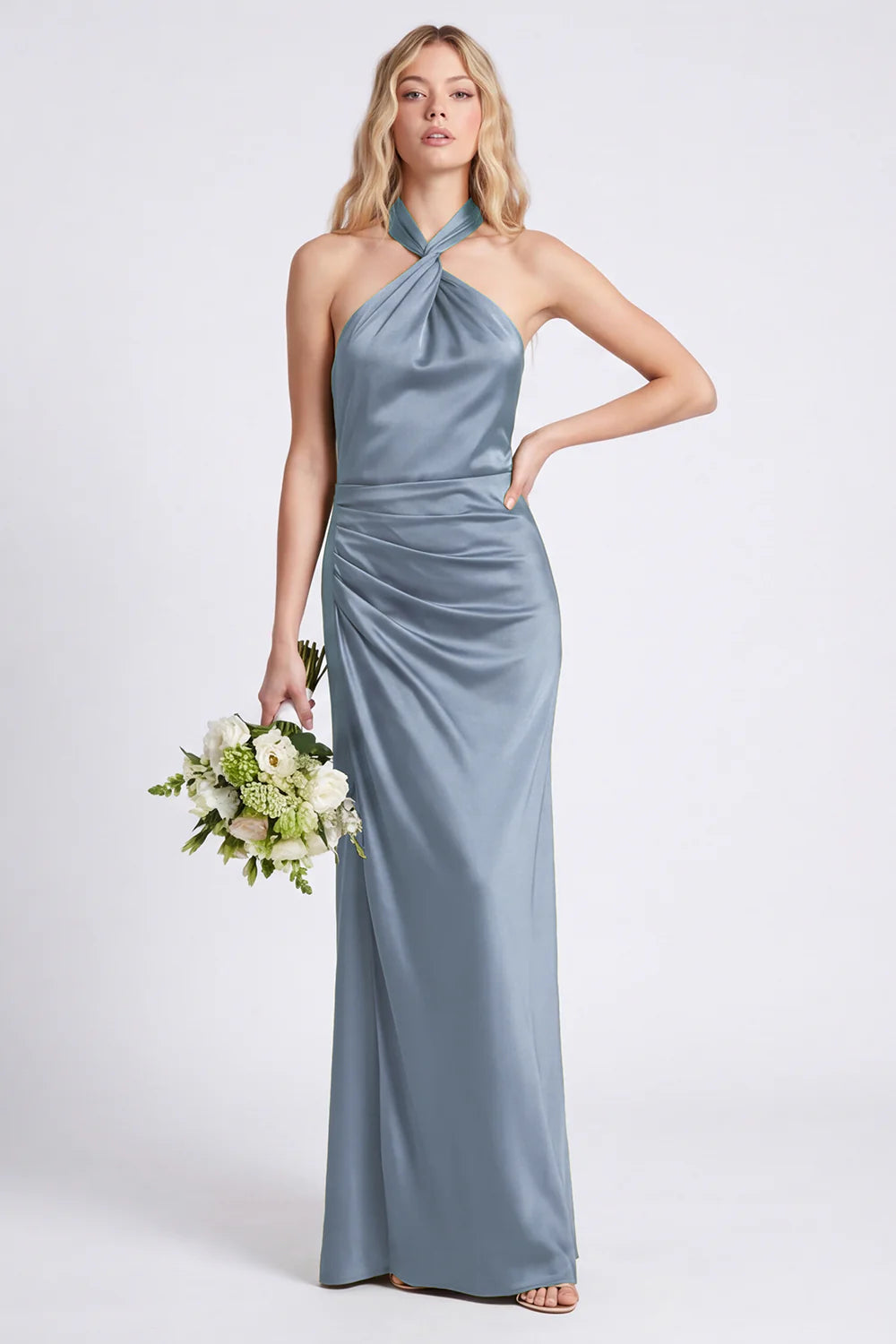 Green Halter Mermaid Ruched Long Bridesmaid Dress