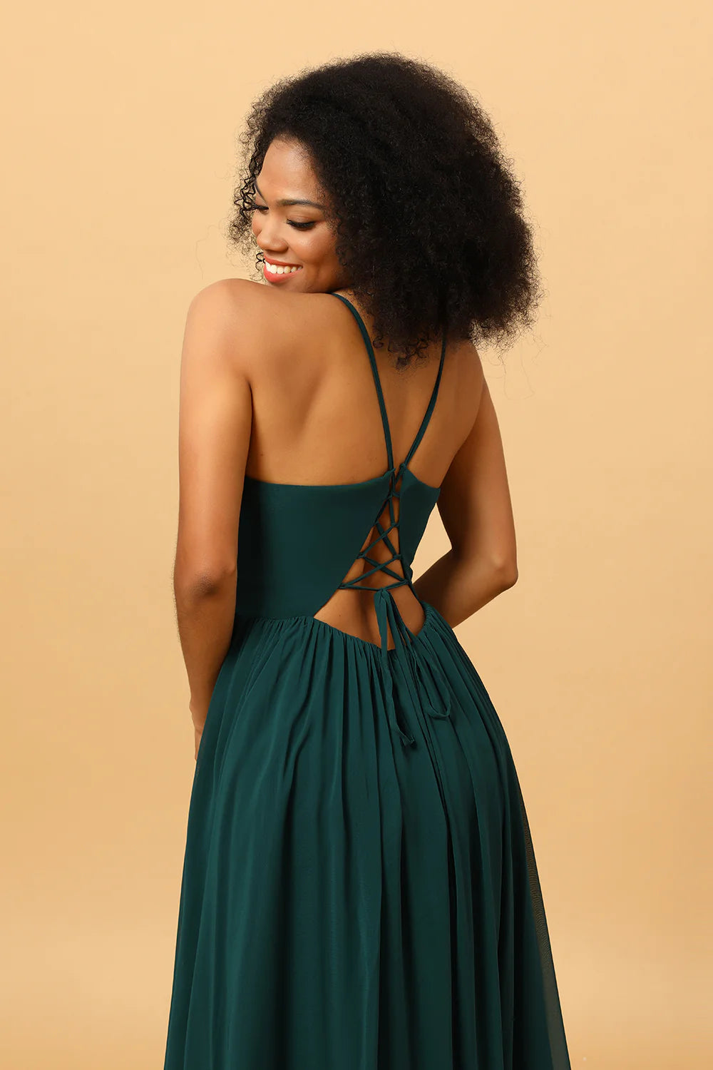 Pine A Line Lace Up Back Chiffon Bridesmaid Dress with Slit