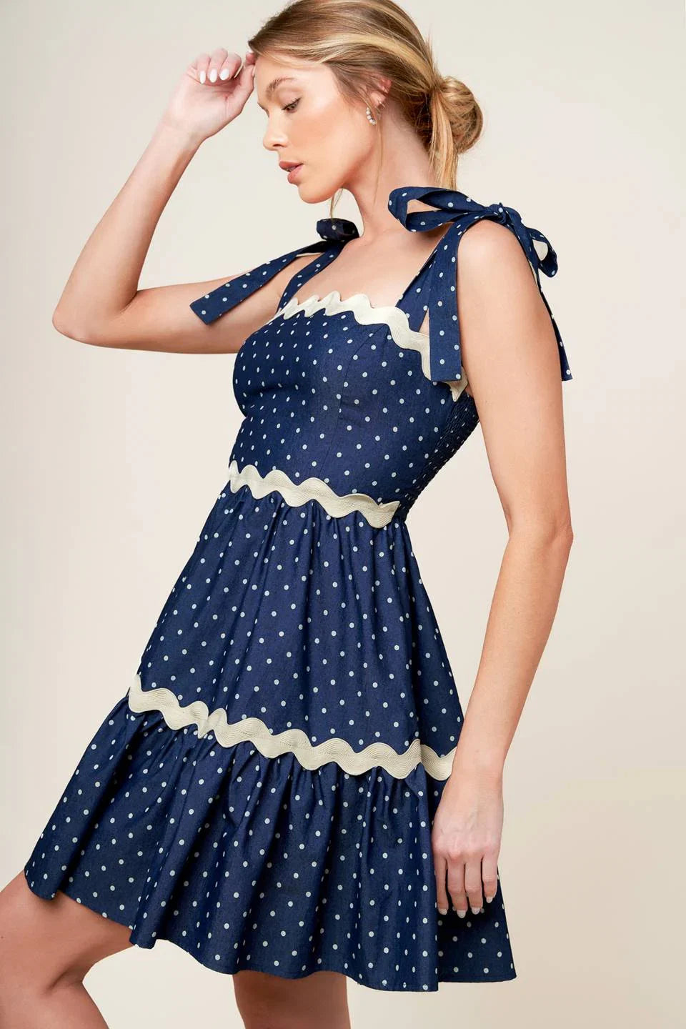BLUE WHITE POLKA DOT MINI DRESS INDIGO