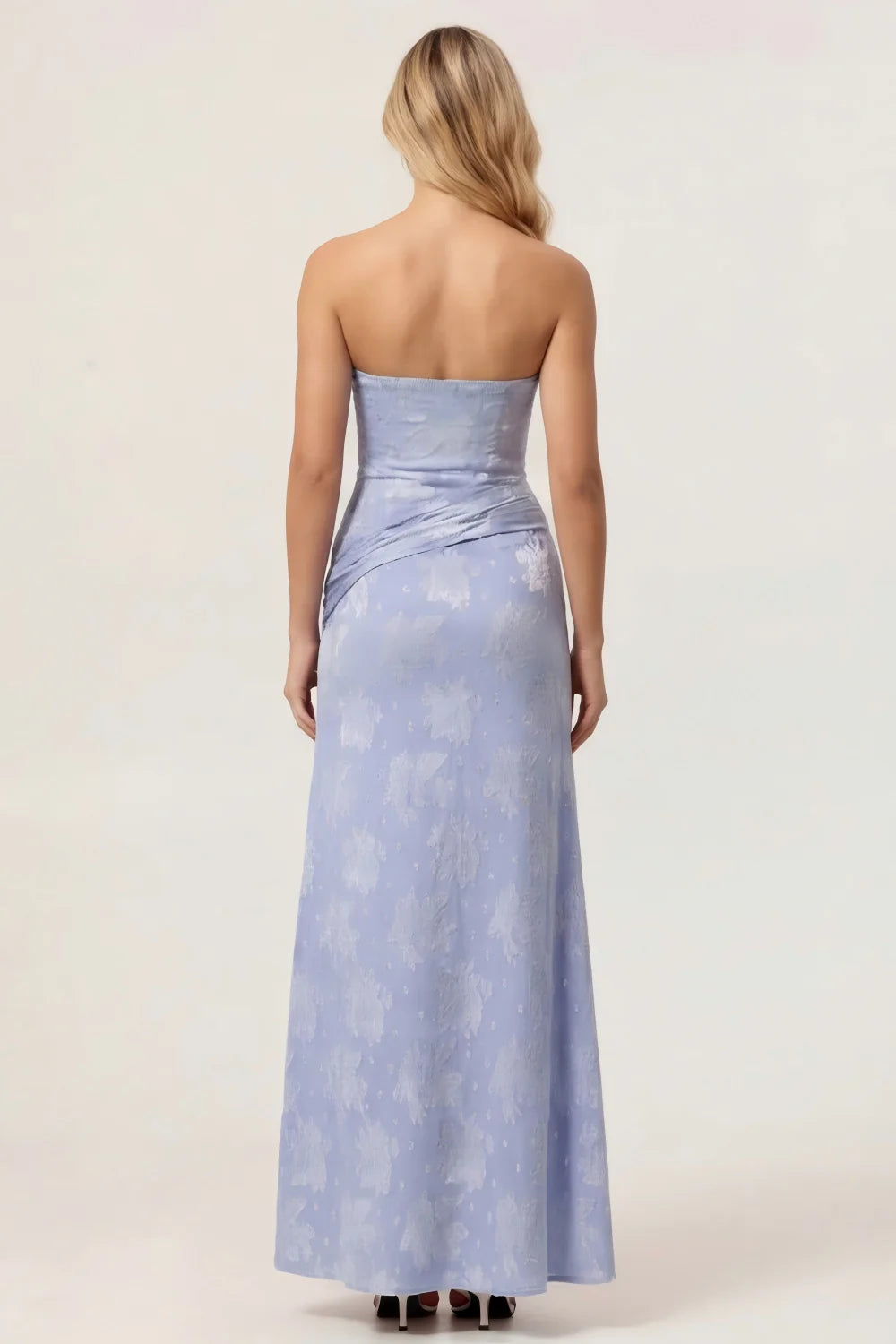 Sage Green Sheath Strapless Ruched Floral Jacquard Long Bridesmaid Dress with Side Slit