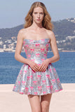 Silver A Line Strapless Short Homecoming Dress with Pink Bows
