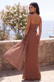 Brown White Polka Dot Strapless Maxi Dress with Sash