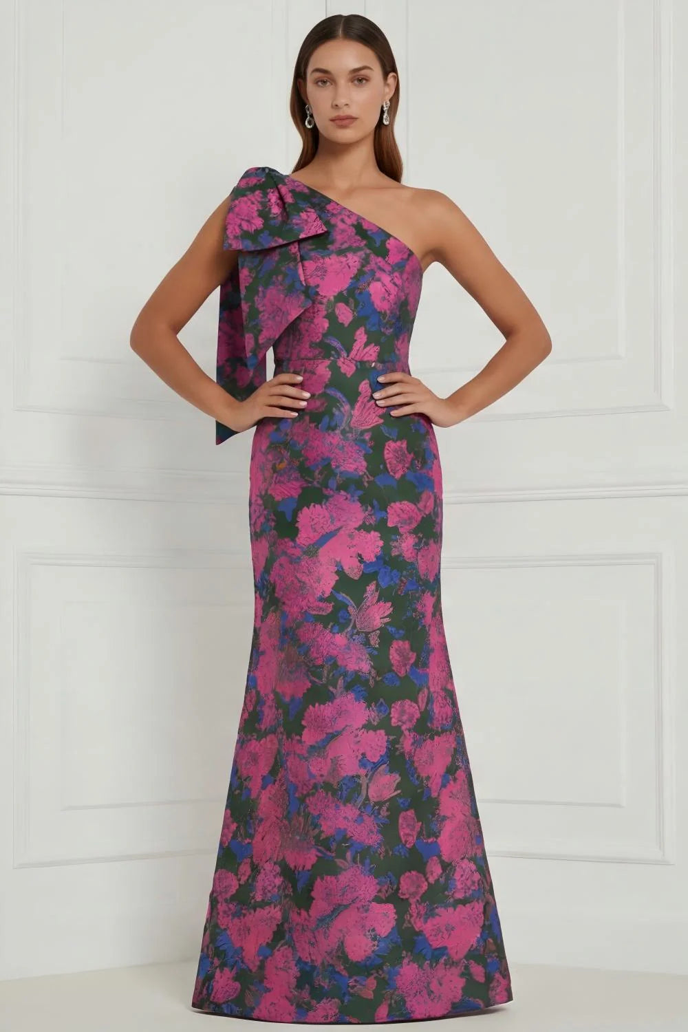 Blue White Flower Mermaid One Shoulder Print Long Bridesmaid Dress with Bow