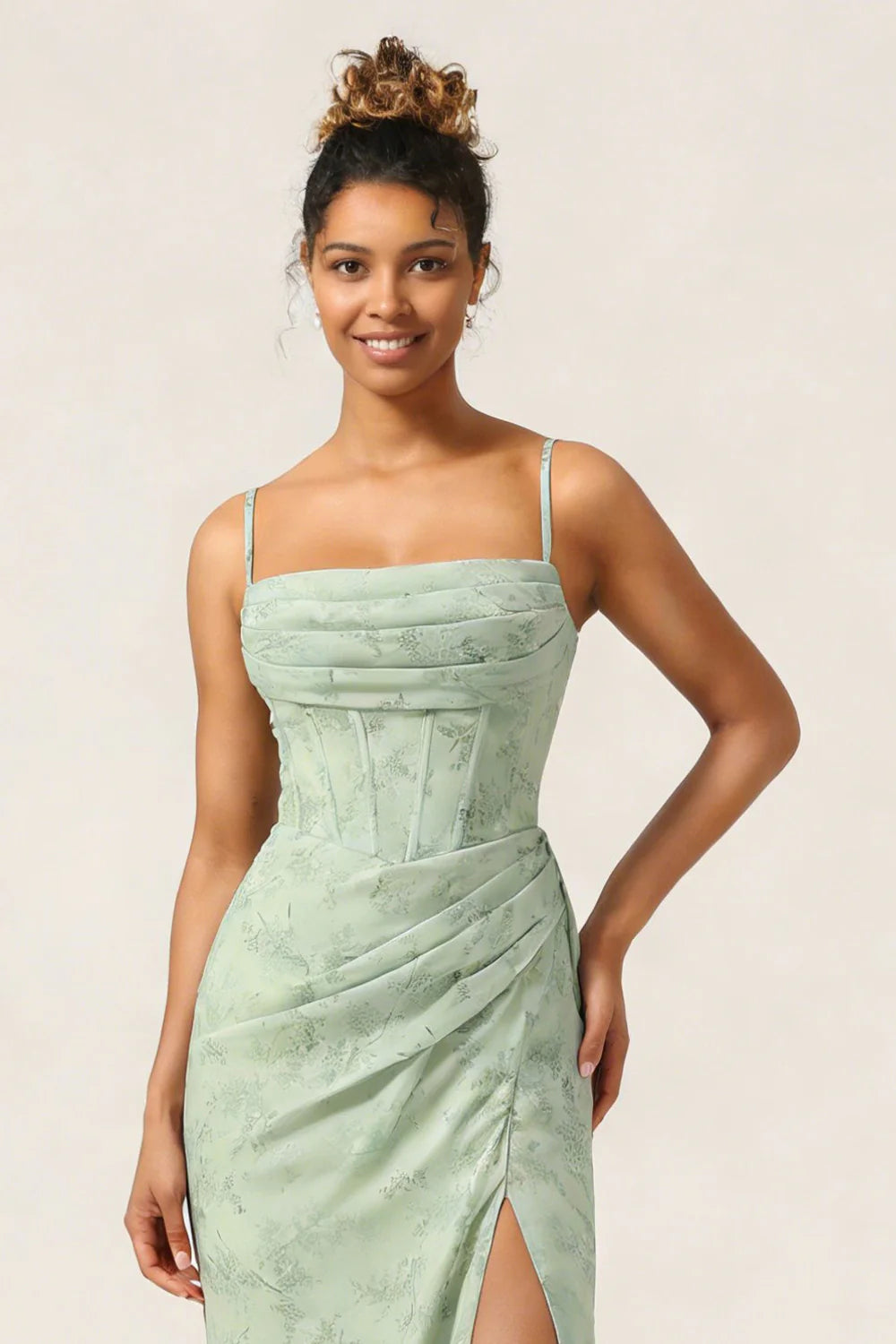 Green Flower Mermaid Corset Chiffon Long Bridesmaid Dress with Slit