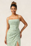 Green Flower Mermaid Corset Chiffon Long Bridesmaid Dress with Slit