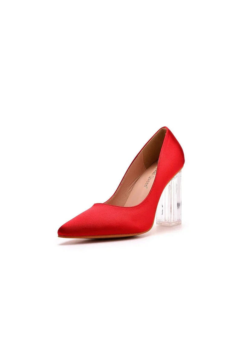Simple Satin Slip on Pointed Toe Transparent Block Heels