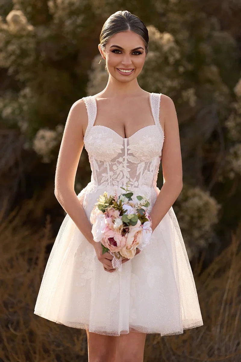 Unqiue A Line Sweetheart Sequin Short Wedding Dress with Appliques