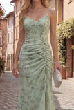 Dusty Sage Mermaid Ruched Maxi Prom Dress with Slit