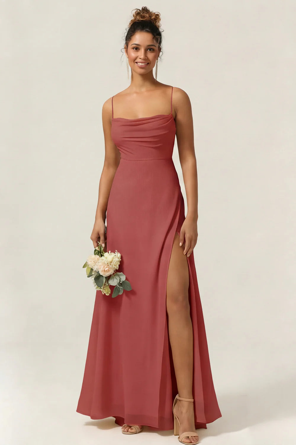 Blue Flower A Line Spaghetti Straps Chiffon Long Bridesmaid Dress with Slit
