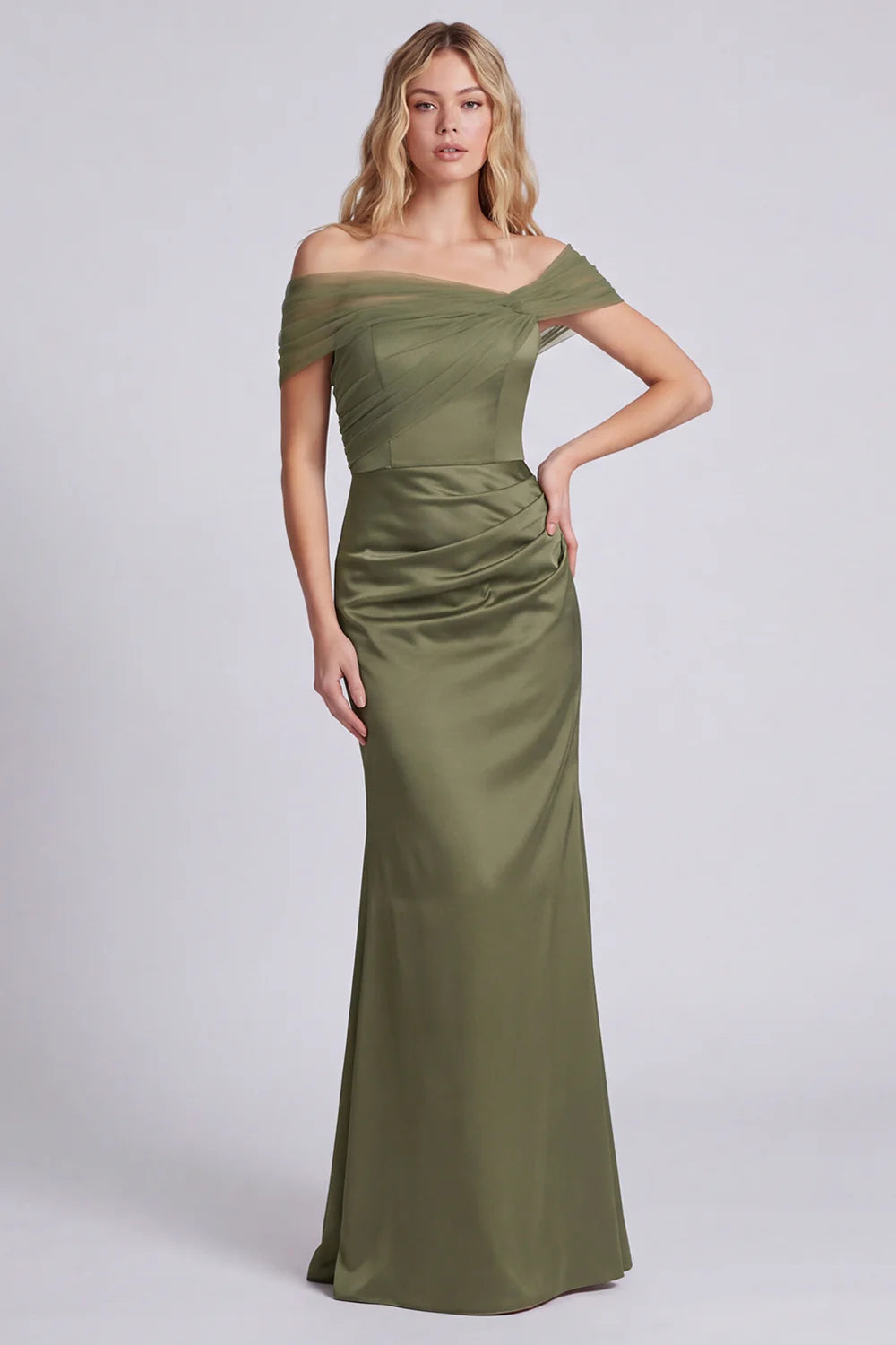 Olive Off the Shoulder Mermaid Satin Maxi Dress