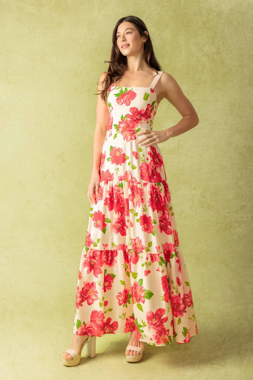 CRIMSON BLOOMS RED FLORAL MAXI DRESS