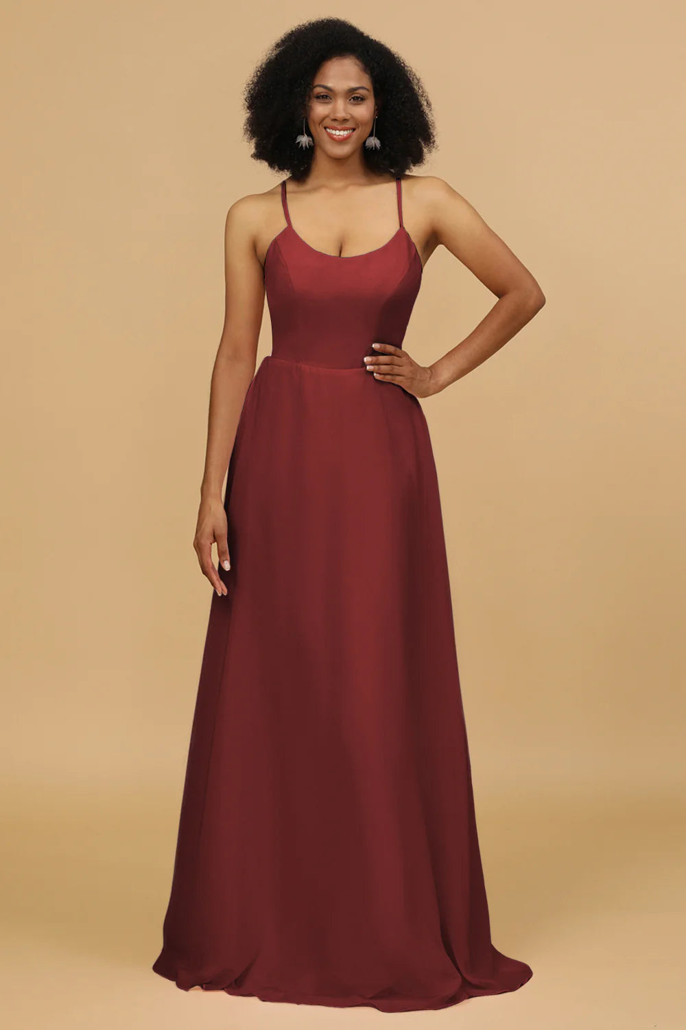 Sheath Column Spaghetti Straps Long Chiffon Bridesmaid Dress