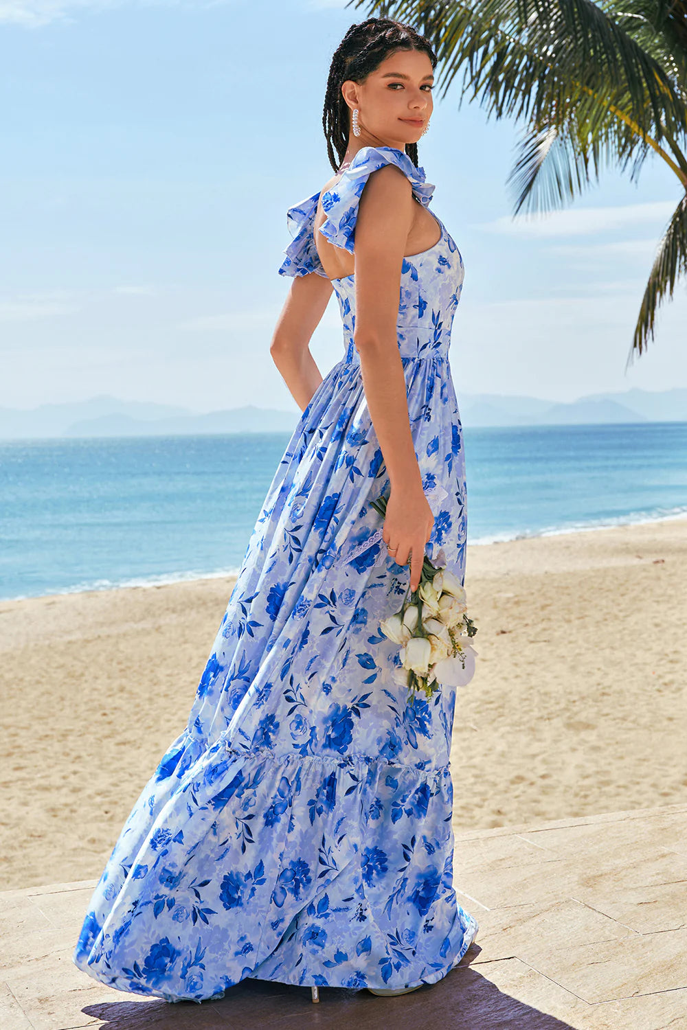 Blue A Line V Neck Ruched Floral Long Bridesmaid Dress