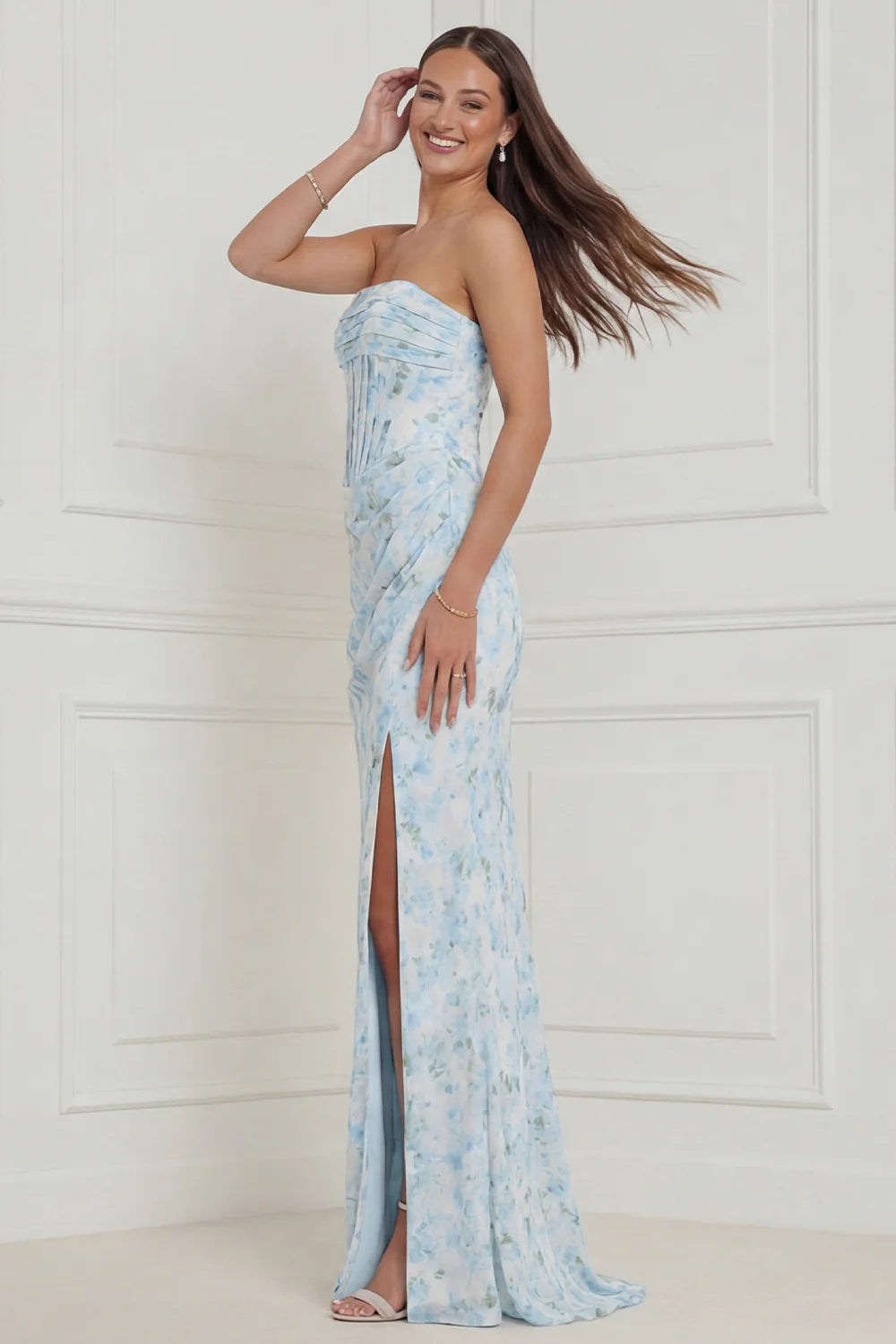 Blue White Floral Strapless Corset Long Bridesmaid Dress with Slit