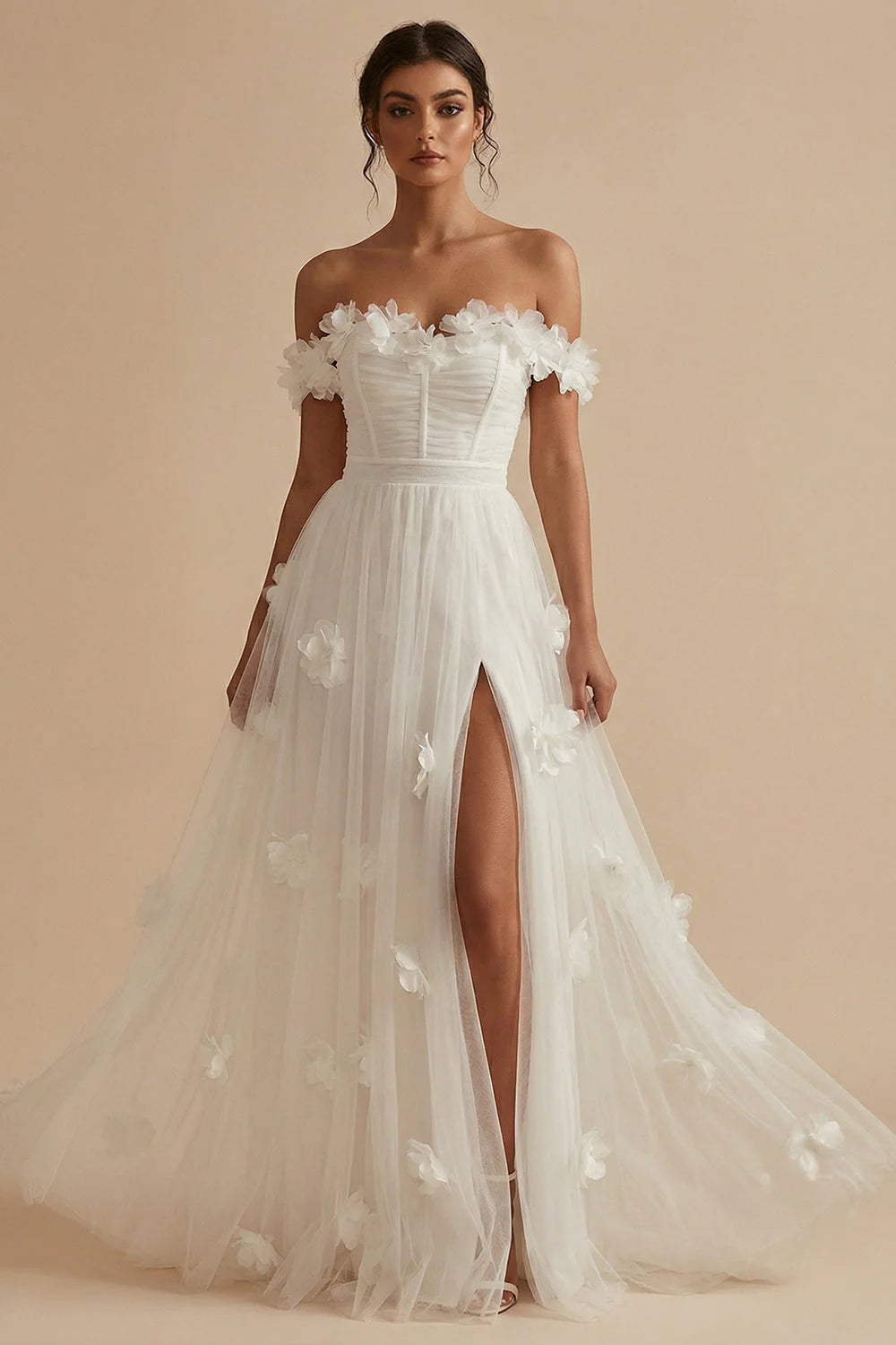 Off the Shoulder A Line Appliqued White Wedding Dress with Slit