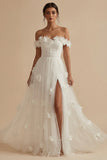 Off the Shoulder A Line Appliqued White Wedding Dress with Slit
