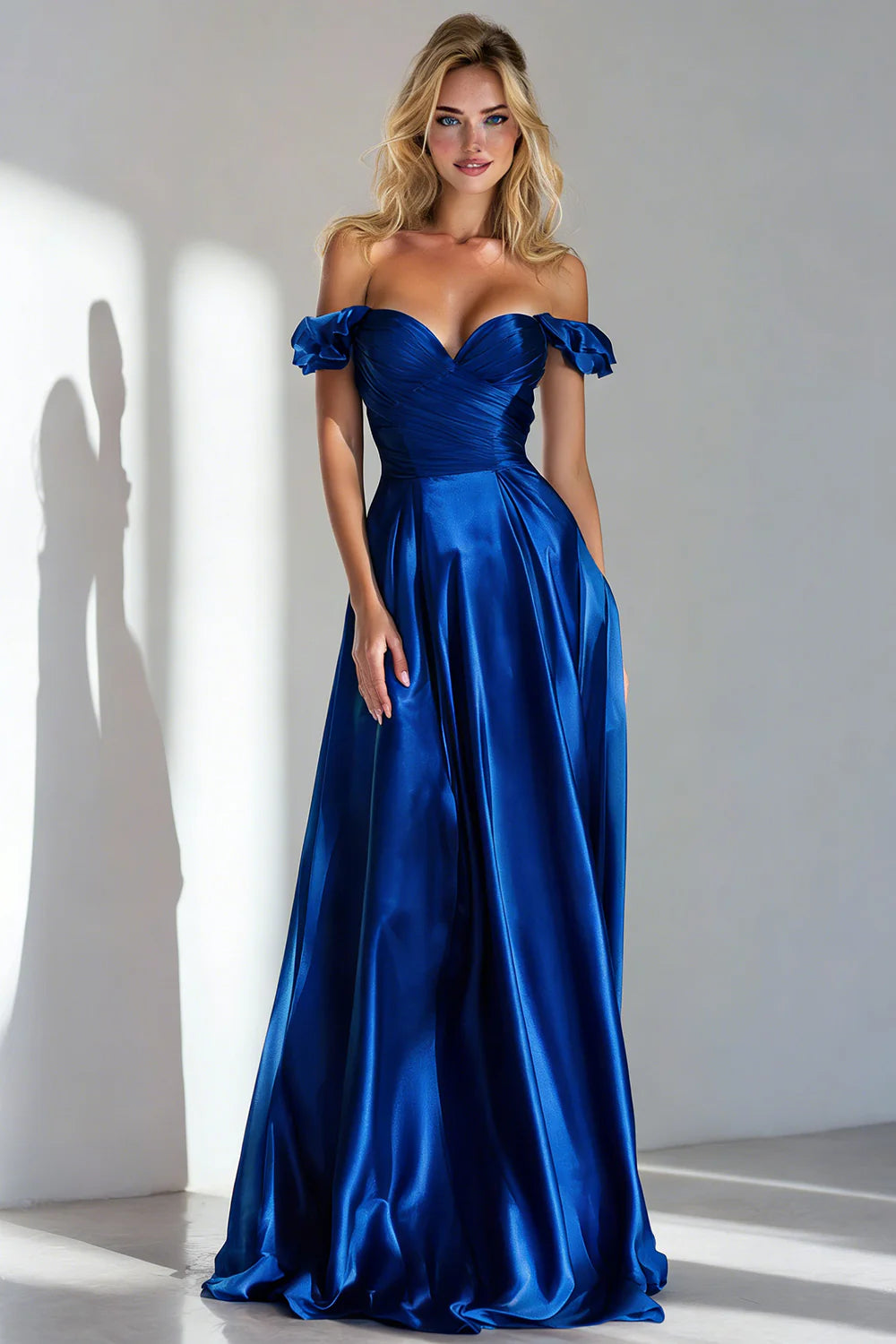 Off the Shoulder Royal Blue A Line Ruched Formal Dress