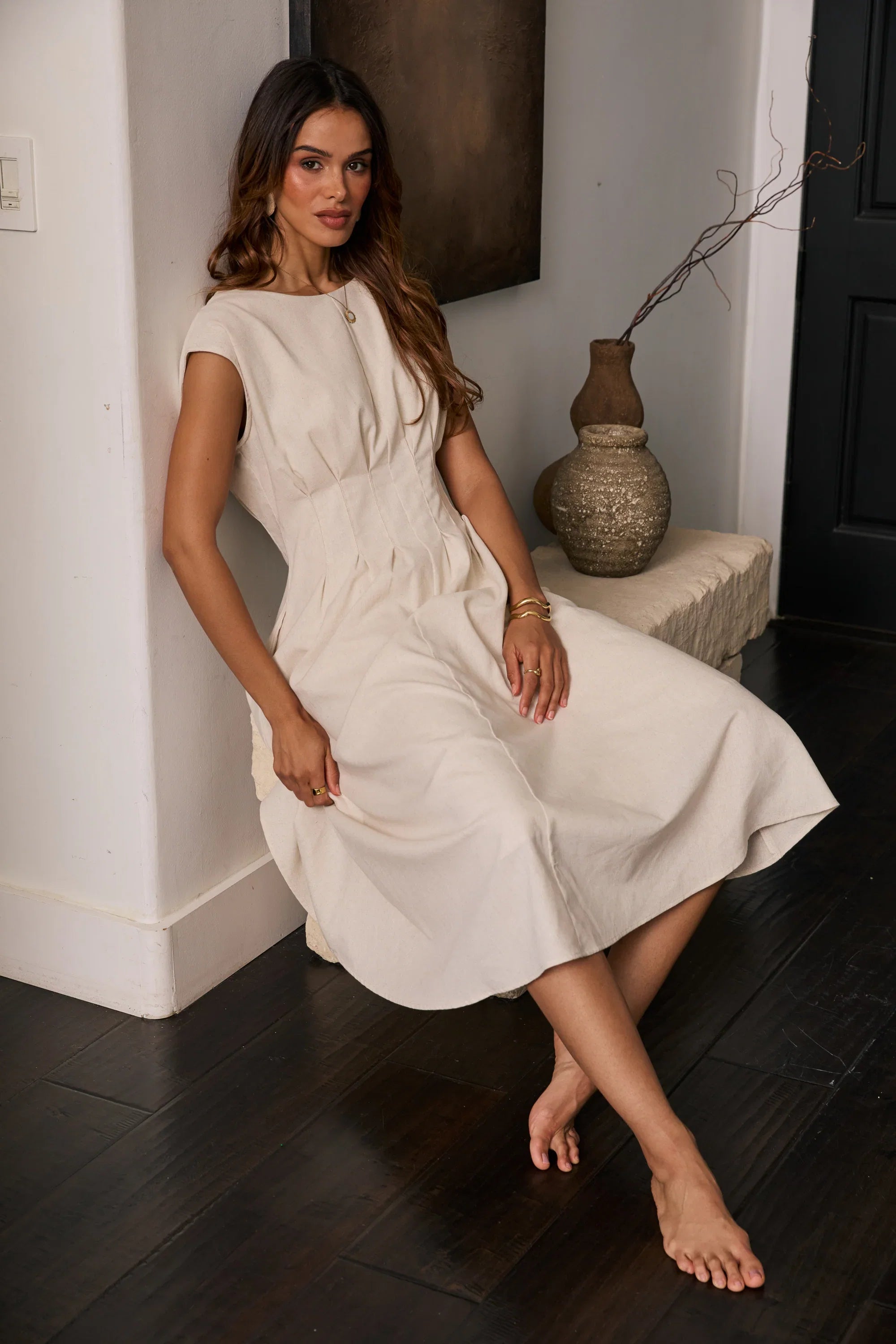 Matilda Pleated Maxi Dress in Oatmeal