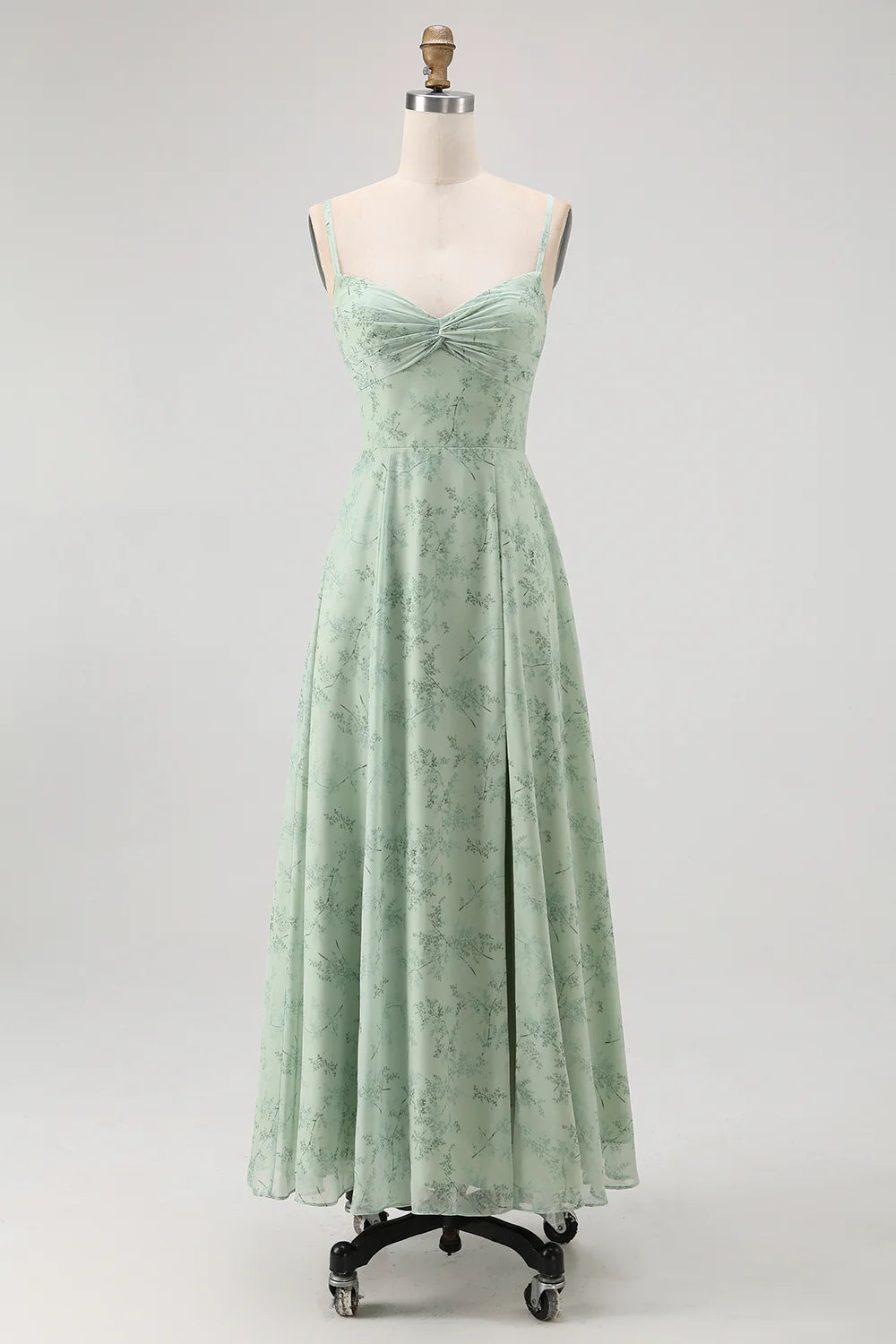 Dusty Sage A Line Spaghetti Straps Backless Print Floral Bridesmaid Dress